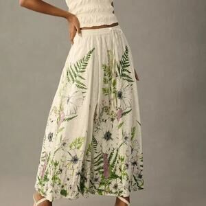 Forever That Girl Eyelet Floral Pleated Peasant Cotton Maxi Skirt White Green S